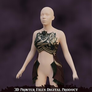 May include: A 3D printable design for a decorative garment. The garment is made of a dark green and gold material with a geometric pattern. The garment is designed to be worn by a person.