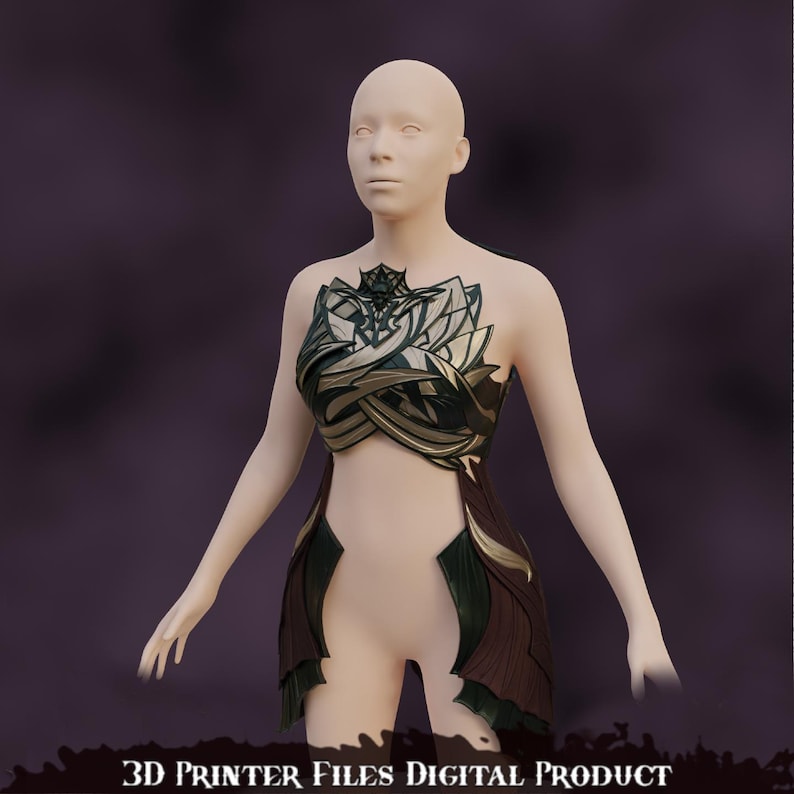 May include: A 3D printable design for a decorative garment. The garment is made of a dark green and gold material with a geometric pattern. The garment is designed to be worn by a person.