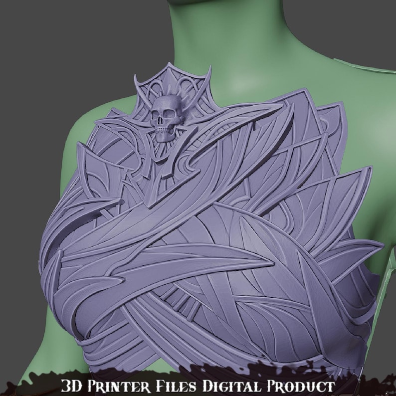 May include: A 3D printed model of a detailed, ornate, purple-colored chest plate with a skull design in the center. The chest plate is designed for 3D printing and is a digital product.