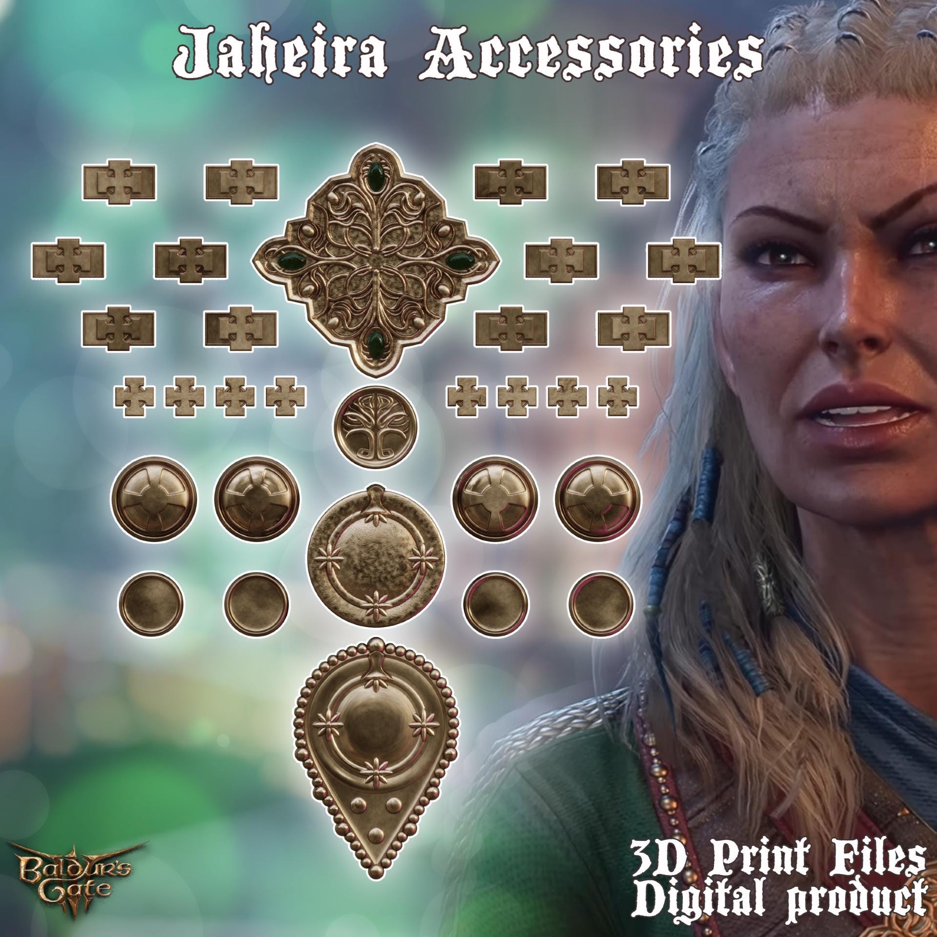 Fantasy Jaheira Accessories Cosplay Set Baldurs Gate 3 3D Printer Files Digital Product