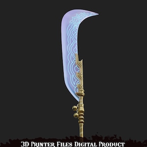 May include: A curved, ornate sword with a light blue blade featuring a decorative pattern. The handle and accents are gold-colored, with small bells attached. The text "3D PRINTER FILES DIGITAL PRODUCT" is at the bottom.