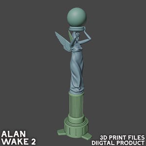 May include: A 3D printed model of a winged figure holding a sphere aloft. The figure stands on a column with a base. The model is printed in a light blue and green color scheme.