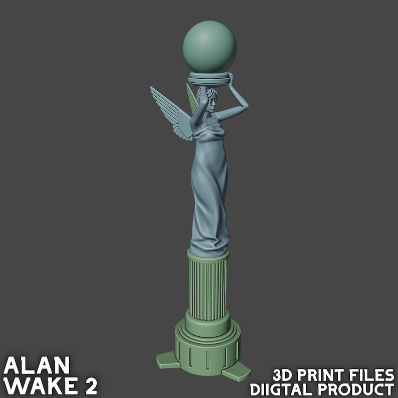 May include: A 3D printed model of a winged figure holding a sphere aloft. The figure stands on a column with a base. The model is printed in a light blue and green color scheme.