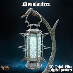 May include: A silver metal lantern with a glowing blue light inside, hanging from a branch. The lantern has a detailed design and is labelled "Moonlantern".
