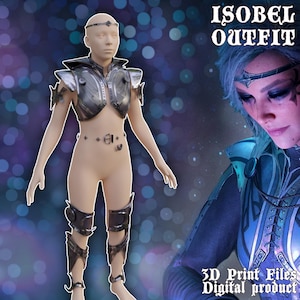 May include: 3D printable model of a silver and black armour outfit. The model is posed on a female figure with a blue background. The text "ISOBEL OUTFIT" is at the top of the image. The text "3D Print Files Digital product" is at the bottom of the image.