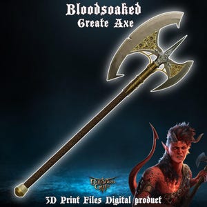 Fantasy cosplay met bloed doordrenkte Great Axe Baldurs Gate 3 3D-printerbestanden digitaal product
