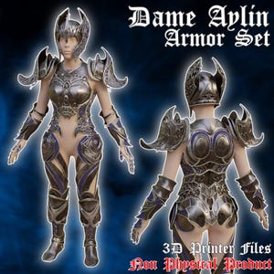 Può includere: Un set di armature Dame Aylin argento e viola, mostrato di fronte e di spalle. L'armatura comprende un elmo, spalline, corpetto, protezioni per le braccia e armatura per le gambe. È visibile anche il testo "3D Printer Files Non Physical Product".