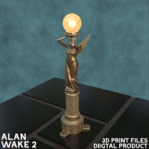 May include: A gold-colored statue of a winged figure holding a glowing orb aloft. The statue is on a pedestal with a square base. The statue is a 3D printed model.