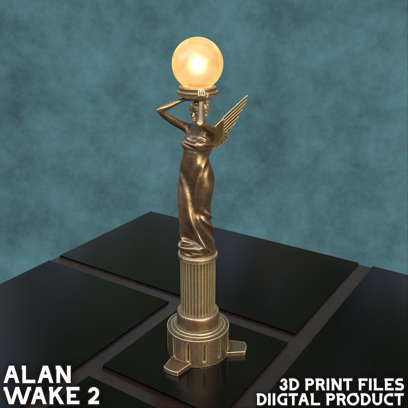 May include: A gold-colored statue of a winged figure holding a glowing orb aloft. The statue is on a pedestal with a square base. The statue is a 3D printed model.