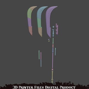 May include: A disassembled 3D model of a polearm weapon, featuring a curved blade design in shades of green, blue, and purple. The handle and other components are in various colors. The text "3D PRINTER FILES DIGITAL PRODUCT" is at the bottom.