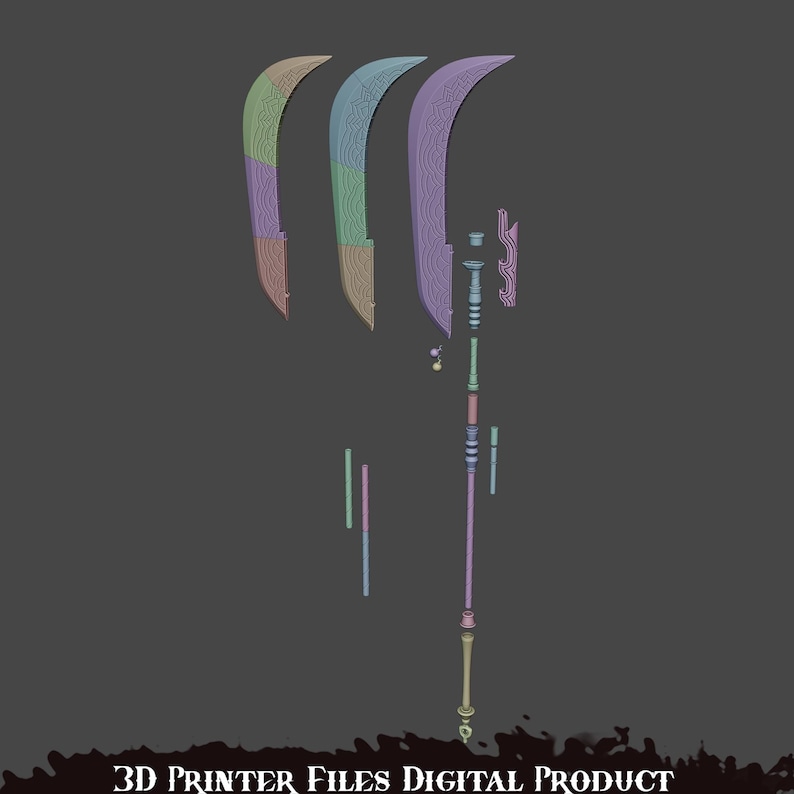 May include: A disassembled 3D model of a polearm weapon, featuring a curved blade design in shades of green, blue, and purple. The handle and other components are in various colors. The text "3D PRINTER FILES DIGITAL PRODUCT" is at the bottom.