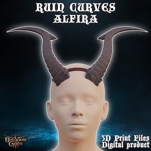May include: A 3D printed headband with two curved horns. The horns are brown and have a textured surface. The headband is designed to look like a pair of horns from a fantasy creature. The text "RUIN CURVES ALFIERA" is displayed above the headband. The text "3D Print Files Digital product" is displayed below the headband.