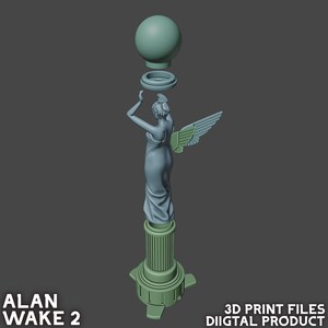 May include: A 3D printed model of a winged statue with a globe on top. The statue is made of a light blue plastic and the globe is a light green color. The statue is standing on a base with a column design. The model is disassembled into four pieces.