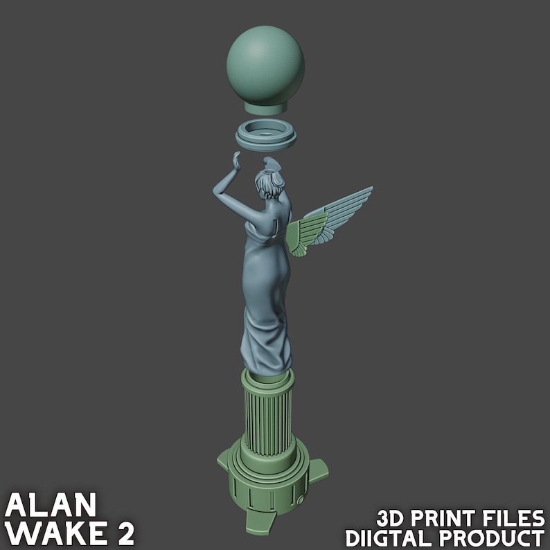 May include: A 3D printed model of a winged statue with a globe on top. The statue is made of a light blue plastic and the globe is a light green color. The statue is standing on a base with a column design. The model is disassembled into four pieces.