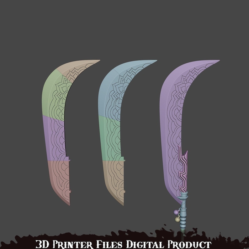 May include: Three stylized, curved swords in pastel colors: green, blue, and purple. Each blade features a detailed, symmetrical design. The text "3D PRINTER FILES DIGITAL PRODUCT" is at the bottom.