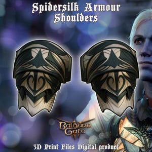 May include: 3D printable model of a pair of green and gold shoulder armor pieces for a video game character. The armor is designed in a fantasy style and features intricate details. The title "Spidersilk Armour Shoulders" is displayed above the armor.