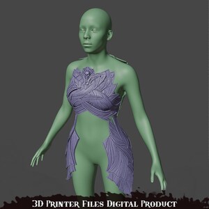 May include: A 3D printed model of a female figure wearing a detailed, purple, intricate, and decorative armor design. The model is posed standing with arms at her sides. The text "3D PRINTER FILES DIGITAL PRODUCT" is at the bottom of the image.