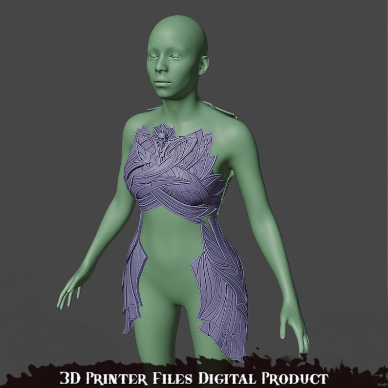 May include: A 3D printed model of a female figure wearing a detailed, purple, intricate, and decorative armor design. The model is posed standing with arms at her sides. The text "3D PRINTER FILES DIGITAL PRODUCT" is at the bottom of the image.