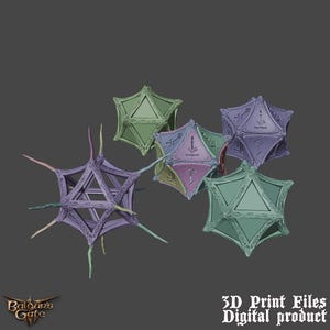 K&ouml;nnte beinhalten: Ein Satz von f&uuml;nf 3D-gedruckten W&uuml;rfeln mit aufwendigen Designs. Die W&uuml;rfel sind in verschiedenen Farben, darunter Lila, Gr&uuml;n und Pink. Die W&uuml;rfel sind f&uuml;r die Verwendung in Tabletop-Rollenspielen konzipiert.