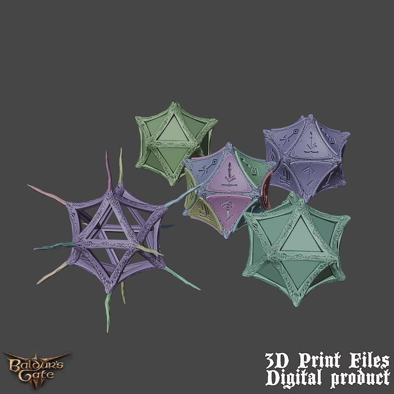 K&ouml;nnte beinhalten: Ein Satz von f&uuml;nf 3D-gedruckten W&uuml;rfeln mit aufwendigen Designs. Die W&uuml;rfel sind in verschiedenen Farben, darunter Lila, Gr&uuml;n und Pink. Die W&uuml;rfel sind f&uuml;r die Verwendung in Tabletop-Rollenspielen konzipiert.