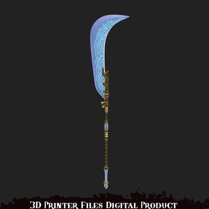 May include: A fantasy weapon with a curved, light blue blade featuring a white, intricate design. The handle is a combination of gold and brown, with a slender, detailed shaft. The text at the bottom reads "3D PRINTER FILES DIGITAL PRODUCT."