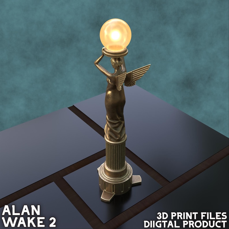 May include: A gold-colored statue of a woman holding a glowing orb, standing on a column base. The statue is a lamp with a light bulb inside the orb. The statue is on a black surface.