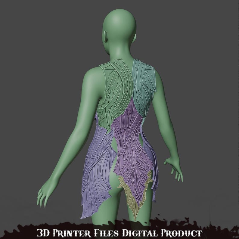 May include: 3D printed model of a dress with a leafy design. The dress is made up of multiple pieces that are printed separately and then assembled. The dress is shown on a 3D model in a back view. The dress is a light green, purple, and brown color.