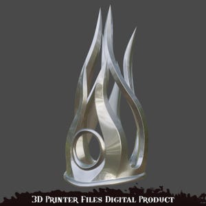 K&ouml;nnte beinhalten: Ein silberner 3D-gedruckter Ring mit Flammen-Design. Der Ring hat eine kreisf&ouml;rmige &Ouml;ffnung in der Mitte.