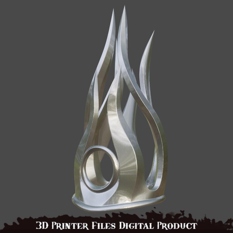 K&ouml;nnte beinhalten: Ein silberner 3D-gedruckter Ring mit Flammen-Design. Der Ring hat eine kreisf&ouml;rmige &Ouml;ffnung in der Mitte.