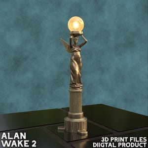 May include: A gold-colored statue of a woman holding a glowing orb aloft. The statue is on a pedestal with a column and a base. The statue is a 3D print file for digital download.