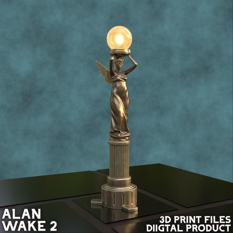 May include: A gold-colored statue of a woman holding a glowing orb aloft. The statue is on a pedestal with a column and a base. The statue is a 3D print file for digital download.