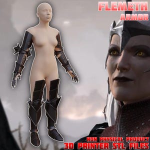 Pode incluir: Conjunto de armadura preta com detalhes pontiagudos, exibido em um manequim. A imagem inclui o texto "Flemeth Armor" e "3D Printer STL Files". A armadura parece ser projetada para braços e pernas.