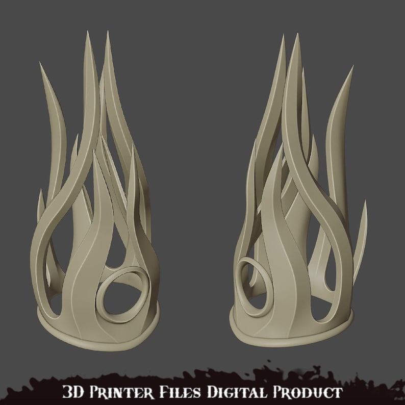 K&ouml;nnte beinhalten: Ein 3D-druckbares Modell einer Krone mit Flammen-Design. Die Krone besteht aus einem einzigen St&uuml;ck Material und hat einen Ring an der Basis.