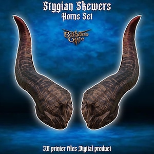 May include: A pair of 3D printed horns, designed for cosplay or costume use. The horns are dark brown with a textured surface and a red tip. The image includes the text "Stygian Skewers Horns Set" and "Baldur's Gate".