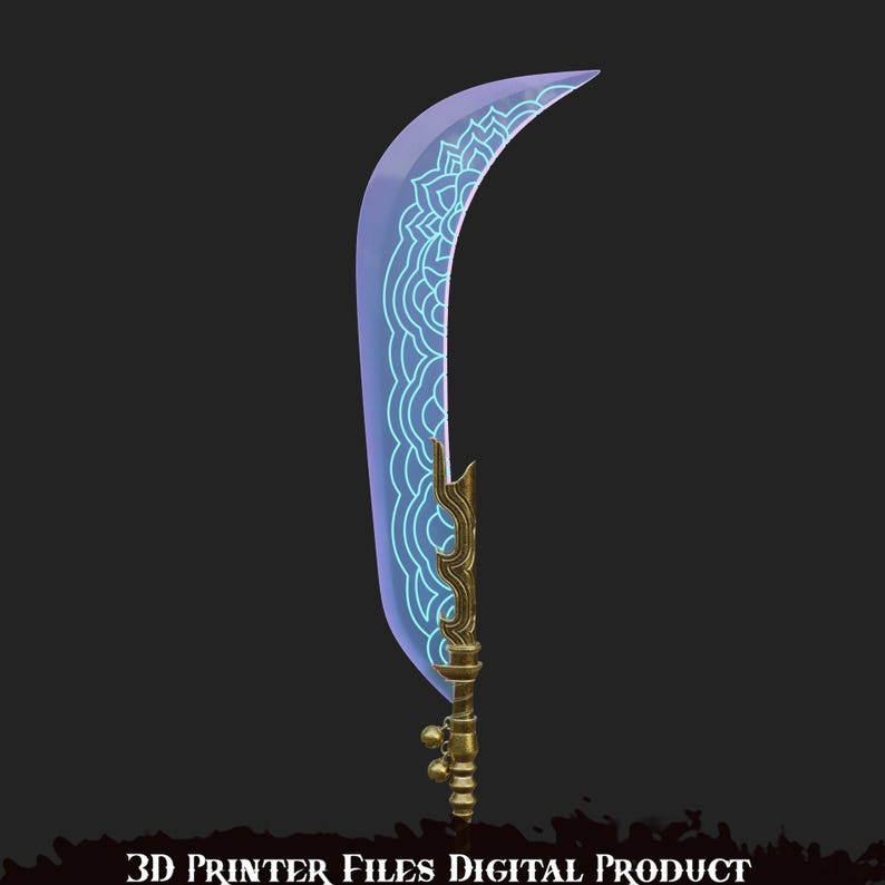 May include: A curved, fantasy sword with a light blue blade featuring a decorative, wave-like pattern. The hilt and handle are gold-colored. The text "3D PRINTER FILES DIGITAL PRODUCT" is at the bottom.