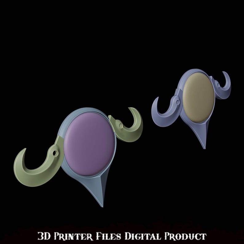 K&ouml;nnte beinhalten: Zwei 3D-gedruckte dekorative Wandornamente. Die Ornamente sind in Form eines Stierkopfes mit H&ouml;rnern. Ein Ornament ist lila und das andere beige.