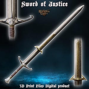 Può includere: Una spada argentata con elsa dorata e impugnatura in pelle marrone. La spada si chiama "Sword of Justice" ed è del gioco "Baldur's Gate 3".