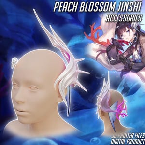 May include: Image of a 3D-printed accessory with a white and pink design, resembling a stylized ear piece. The text "PEACH BLOSSOM JINSHI ACCESSORIES" is at the top, and "3D PRINTER FILES DIGITAL PRODUCT" is at the bottom. The accessory is shown on a mannequin head.