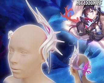 May include: Image of a 3D-printed accessory with a white and pink design, resembling a stylized ear piece. The text "PEACH BLOSSOM JINSHI ACCESSORIES" is at the top, and "3D PRINTER FILES DIGITAL PRODUCT" is at the bottom. The accessory is shown on a mannequin head.