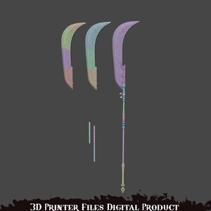 May include: A digital product image featuring a 3D model of a polearm weapon with a curved blade. The weapon is multi-colored, with shades of purple, green, and tan. The text "3D PRINTER FILES DIGITAL PRODUCT" is at the bottom.