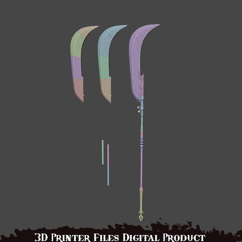 May include: A digital product image featuring a 3D model of a polearm weapon with a curved blade. The weapon is multi-colored, with shades of purple, green, and tan. The text "3D PRINTER FILES DIGITAL PRODUCT" is at the bottom.