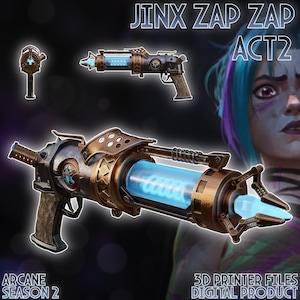 Może przedstawiać: Trójwymiarowy model do druku 3D pistoletu Zap Zap Jinx z serialu animowanego Arcane. Broń wykonana jest z metalu i ma świecący niebieski luf. Model jest przeznaczony wyłącznie do użytku osobistego i nie jest przeznaczony do sprzedaży.