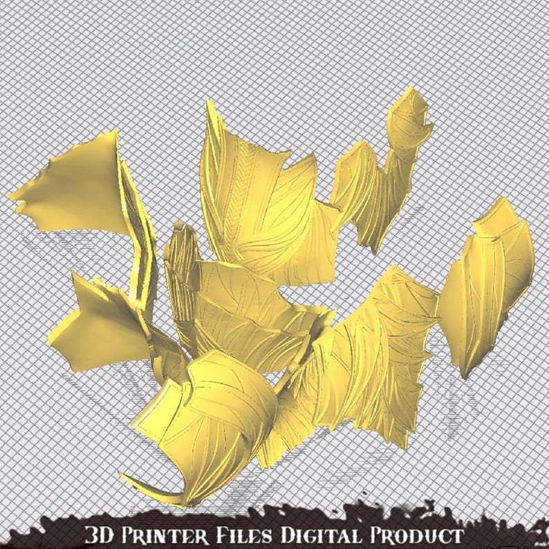 May include: A 3D printable model of a dragon's wings, broken into multiple pieces for easier printing. The wings are a bright yellow color and have a detailed, textured surface.