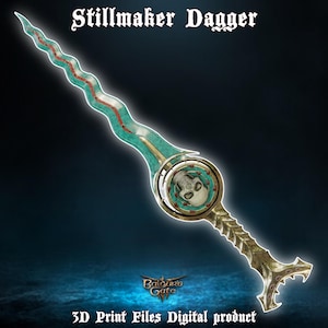 Könnte beinhalten: Ein türkisfarbener und goldener Dolch mit einem Schädelmotiv auf dem Knauf. Der Dolch heißt "Stillmaker Dagger" und ist ein 3D-druckbares digitales Produkt von Baldur's Gate.