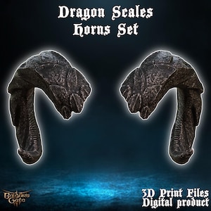 May include: A set of two 3D printable dragon scale horns. The horns are dark gray and have a textured surface. The image text reads "Dragon Scales Horns Set" and "3D Print Files Digital product".