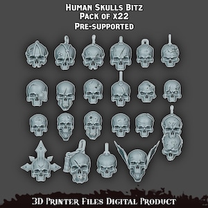 Puede incluir: Un conjunto de 22 modelos de cráneos humanos imprimibles en 3D con soporte previo. Los cráneos están en varios estados de descomposición y tienen diferentes detalles, como dientes rotos, grietas y agujeros. Los modelos están diseñados para su uso en juegos de mesa, juegos de rol y otros proyectos creativos.