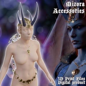 Può includere: Un modello 3D stampabile di un copricapo fantasy con corna e gioielli. Il copricapo è dorato e blu con un design dettagliato. L'immagine include anche il testo "Mizora Accessories 3D Print Files Digital product".