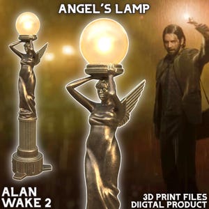 Könnte beinhalten: Ein 3D-druckbares Modell einer Lampe in Form eines Engels, der eine leuchtende Kugel hält. Die Lampe ist aus goldfarbenem Metall gefertigt und hat einen Sockel in Form einer Säule. Der Text "ANGEL'S LAMP" ist über der Lampe geschrieben. Der Text "ALAN WAKE 2" ist unter der Lampe geschrieben. Der Text "3D PRINT FILES DIGITAL PRODUCT" ist unter der Lampe geschrieben.