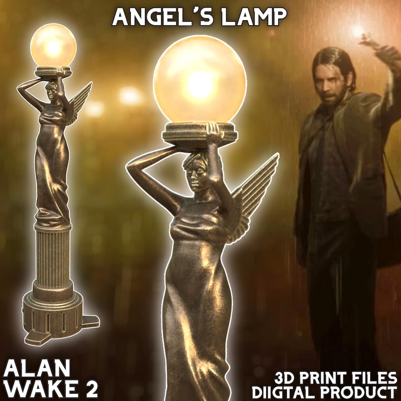 May include: A 3D printable model of a lamp shaped like an angel holding a glowing orb. The lamp is made of gold-colored metal and has a base shaped like a column. The text "ANGEL'S LAMP" is written above the lamp. The text "ALAN WAKE 2" is written below the lamp. The text "3D PRINT FILES DIGITAL PRODUCT" is written below the lamp.