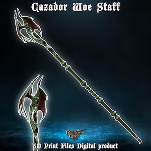 以下が含まれることがあります： バルダーズ・ゲートのCazador Woe Staffの3Dプリントモデル。スタッフは、緑と黒のカラーリングが施された長く細い武器です。スタッフの先端は、赤いアクセントがついた翼のペアの形をしています。